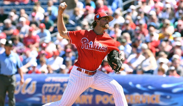 Mar 7, 2018; Clearwater, FL, USA; Philadelphia Phillies pitcher Aaron Nola (27) pitches in the second inning of a spring training game against the Boston Red Sox at Spectrum Field. Photo Credit: Jonathan Dyer-USA TODAY Sports