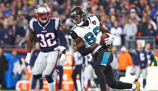 Jan 21, 2018; Foxborough, MA, USA; Jacksonville Jaguars wide receiver Allen Hurns (88) catches a pass against New England Patriots free safety Devin McCourty (32) during the fourth quarter in the AFC Championship Game at Gillette Stadium. Photo Credit: Mark J. Rebilas-USA TODAY Sports