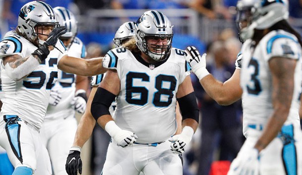 Oct 8, 2017; Detroit, MI, USA; Carolina Panthers offensive guard Andrew Norwell (68) smiles before the game against the Detroit Lions at Ford Field. Photo Credit: Raj Mehta-USA TODAY Sports