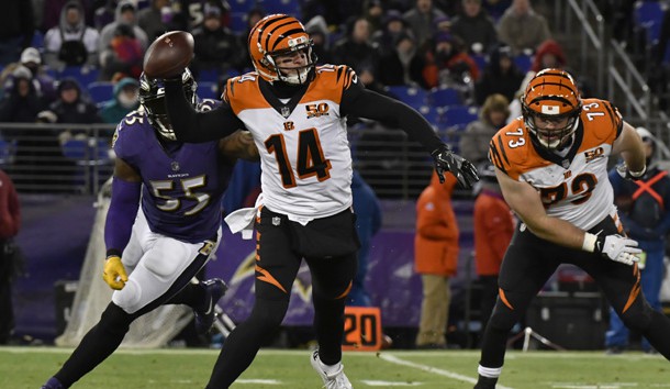 Dec 31, 2017; Baltimore, MD, USA; Cincinnati Bengals quarterback Andy Dalton (14) throws as Baltimore Ravens outside linebacker Terrell Suggs (55) applies pressure during the second quarter at M&T Bank Stadium. Photo Credit: Tommy Gilligan-USA TODAY Sports