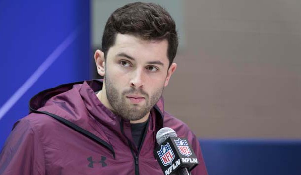 Mar 2, 2018; Indianapolis, IN, USA; Oklahoma Sooners quarterback Baker Mayfield speaks to the media during the 2018 NFL Combine at the Indianapolis Convention Center. Photo Credit: Trevor Ruszkowski-USA TODAY Sports