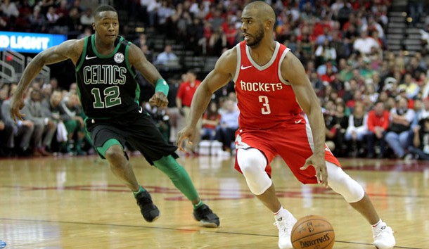 Mar 3, 2018; Houston, TX, USA; Houston Rockets guard Chris Paul (3) handles the ball while Boston Celtics guard Terry Rozier (12) defends during the fourth quarter at Toyota Center. Photo Credit: Erik Williams-USA TODAY Sports