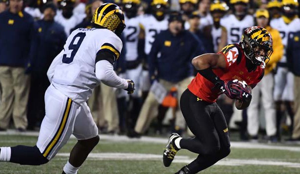 Nov 11, 2017; College Park, MD, USA; Maryland Terrapins wide receiver D.J. Moore (1) runs after a catch against the Michigan Wolverines during the second half at Maryland Stadium. Photo Credit: Brad Mills-USA TODAY Sports