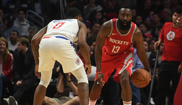 Feb 28, 2018; Los Angeles, CA, USA; Houston Rockets guard James Harden (13) dribbles the ball up court defended by LA Clippers guard Sindarius Thornwell (0) during the third quarter at Staples Center. Photo Credit: Richard Mackson-USA TODAY Sports