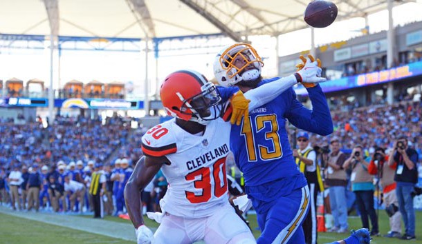 Dec 3, 2017; Carson, CA, USA; Los Angeles Chargers wide receiver Keenan Allen (13) cannot make a catch as Cleveland Browns cornerback Jason McCourty (30) defends during the second quarter at StubHub Center. Photo Credit: Jake Roth-USA TODAY Sports