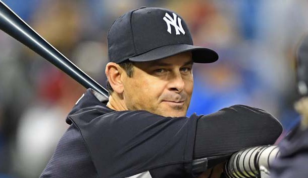 Mar 31, 2018; Toronto, Ontario, CAN; New York Yankees manager Aaron Boone (17) during batting practice prior to the regular season MLB game between the New York Yankees and Toronto Blue Jays at Rogers Centre. Photo Credit: Gerry Angus-USA TODAY Sports