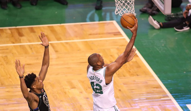 Apr 15, 2018; Boston, MA, USA; Boston Celtics forward Al Horford (42) shoots the ball past Milwaukee Bucks forward Giannis Antetokounmpo (34) in the second half in game one of the first round of the 2018 NBA Playoffs between the Boston Celtics and Milwaukee Bucks at TD Garden. Photo Credit: Paul Rutherford-USA TODAY Sports