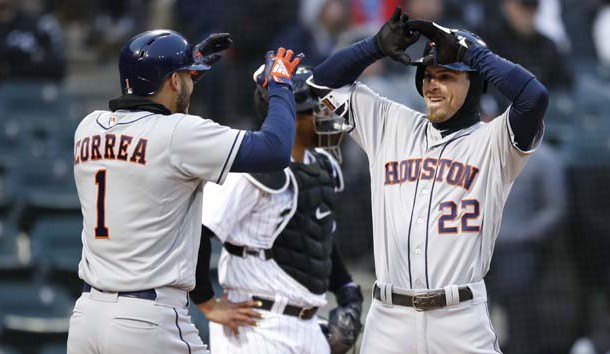 Apr 21, 2018; Chicago, IL, USA; Houston Astros right fielder Josh Reddick (22) celebrates with shortstop Carlos Correa (1) after hitting grand slam off Chicago White Sox starting pitcher Lucas Giolito (not pictured) during the second inning at Guaranteed Rate Field. Photo Credit: Kamil Krzaczynski-USA TODAY Sports