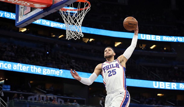 Mar 22, 2018; Orlando, FL, USA; Philadelphia 76ers guard Ben Simmons (25) dunks against the Orlando Magic during the first quarter at Amway Center. Photo Credit: Kim Klement-USA TODAY Sports