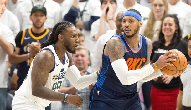 Apr 23, 2018; Salt Lake City, UT, USA; Utah Jazz forward Jae Crowder (99) defends against Oklahoma City Thunder forward Carmelo Anthony (7) during the second half of game four of the first round of the 2018 NBA Playoffs at Vivint Smart Home Arena. Photo Credit: Russ Isabella-USA TODAY Sports
