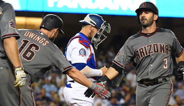 Apr 13, 2018; Los Angeles, CA, USA; Arizona Diamondbacks third baseman Daniel Descalso (3) is greeted at the plate by center fielder Chris Owings (16) after hitting a two run home run in the seventh inning of the game at Dodger Stadium. Photo Credit: Jayne Kamin-Oncea-USA TODAY Sports