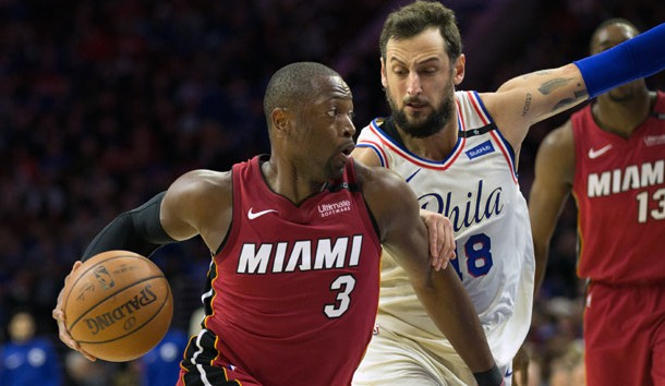 Apr 16, 2018; Philadelphia, PA, USA; Miami Heat guard Dwyane Wade (3) drives against Philadelphia 76ers guard Marco Belinelli (18) during the second quarter in game two of the first round of the 2018 NBA Playoffs at Wells Fargo Center. Photo Credit: Bill Streicher-USA TODAY Sports