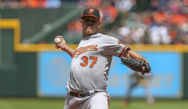 Apr 4, 2018; Houston, TX, USA; Baltimore Orioles starting pitcher Dylan Bundy (37) delivers a pitch in the first inning against the Houston Astros at Minute Maid Park. Photo Credit: John Glaser-USA TODAY Sports