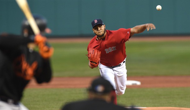 Apr 13, 2018; Boston, MA, USA; Boston Red Sox starting pitcher Eduardo Rodriguez (57) pitches during the first inning against the Baltimore Orioles at Fenway Park. Photo Credit: Bob DeChiara-USA TODAY Sports