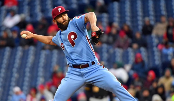 Apr 19, 2018; Philadelphia, PA, USA; Philadelphia Phillies starting pitcher Jake Arrieta (49) throws a pitch during the first inning against the Pittsburgh Pirates at Citizens Bank Park. Photo Credit: Eric Hartline-USA TODAY Sports