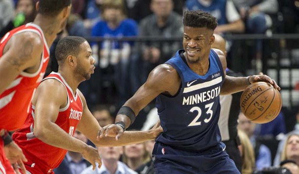 Apr 21, 2018; Minneapolis, MN, USA; Minnesota Timberwolves guard Jimmy Butler (23) looks to get around Houston Rockets guard Eric Gordon (10) in the first half  in game three of the first round of the 2018 NBA Playoffs at Target Center. Photo Credit: Jesse Johnson-USA TODAY Sports