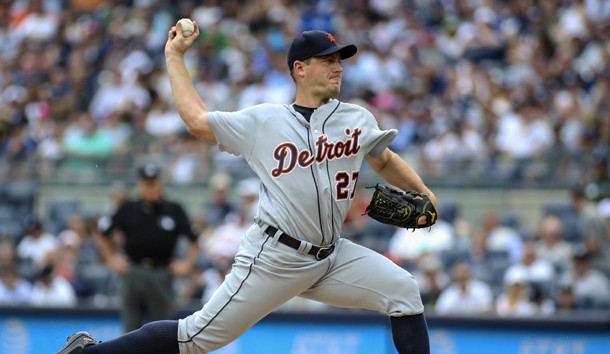 Aug 2, 2017; Bronx, NY, USA; Detroit Tigers pitcher Jordan Zimmerman (27) pitches in the first inning against the New York Yankees at Yankee Stadium. Photo Credit: Wendell Cruz-USA TODAY Sports