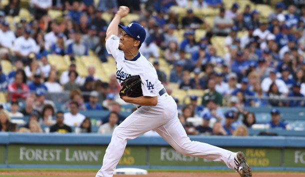Mar 31, 2018; Los Angeles, CA, USA; Los Angeles Dodgers starting pitcher Kenta Maeda (18) throws a pitch against the San Francisco Giants at Dodger Stadium. Photo Credit: Richard Mackson-USA TODAY Sport