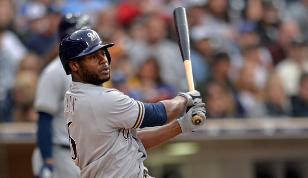 Mar 31, 2018; San Diego, CA, USA; Milwaukee Brewers center fielder Lorenzo Cain (6) doubles during the third inning against the San Diego Padres at Petco Park. Photo Credit: Jake Roth-USA TODAY Sports