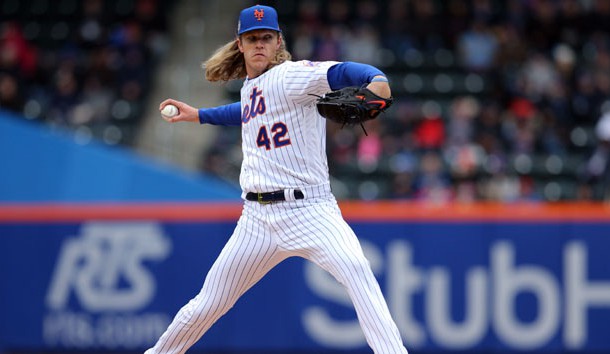 Apr 15, 2018; New York City, NY, USA; New York Mets starting pitcher Noah Syndergaard pitches against the Milwaukee Brewers during the first inning at Citi Field. Photo Credit: Brad Penner-USA TODAY Sports