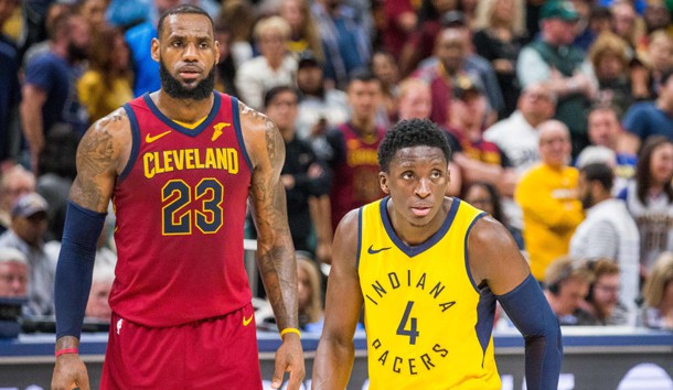 Apr 22, 2018; Indianapolis, IN, USA; Cleveland Cavaliers forward LeBron James (23) and Indiana Pacers guard Victor Oladipo (4) waiting for a free throw attempt in the second half of game four in the first round of the 2018 NBA Playoffs at Bankers Life Fieldhouse. Photo Credit: Trevor Ruszkowski-USA TODAY Sports