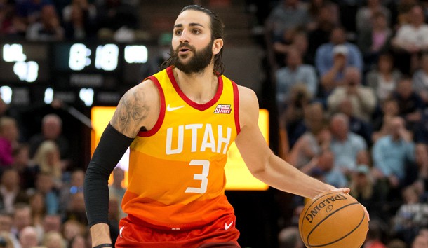 Apr 3, 2018; Salt Lake City, UT, USA; Utah Jazz guard Ricky Rubio (3) dribbles the ball during the second half against the Los Angeles Lakers at Vivint Smart Home Arena. Photo Credit: Russ Isabella-USA TODAY Sports