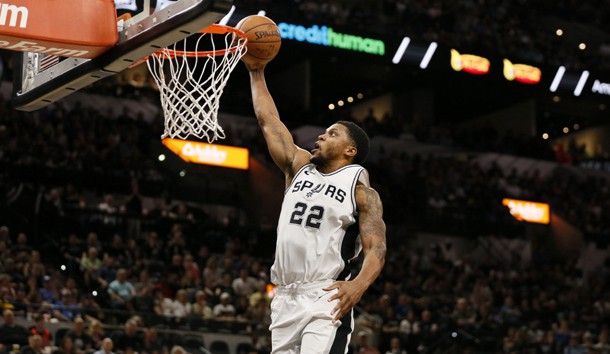 Mar 29, 2018; San Antonio, TX, USA; San Antonio Spurs forward Rudy Gay (22) dunks the ball during the first half against the Oklahoma City Thunder at AT&T Center. Photo Credit: Soobum Im-USA TODAY Sports