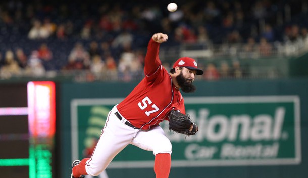 Apr 8, 2018; Washington, DC, USA; Washington Nationals starting pitcher Tanner Roark (57) pitches against the New York Mets in the first inning at Nationals Park. Photo Credit: Geoff Burke-USA TODAY Sports