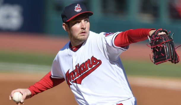Apr 7, 2018; Cleveland, OH, USA; Cleveland Indians starting pitcher Trevor Bauer (47) delivers in the second inning against the Kansas City Royals at Progressive Field. Photo Credit: David Richard-USA TODAY Sports