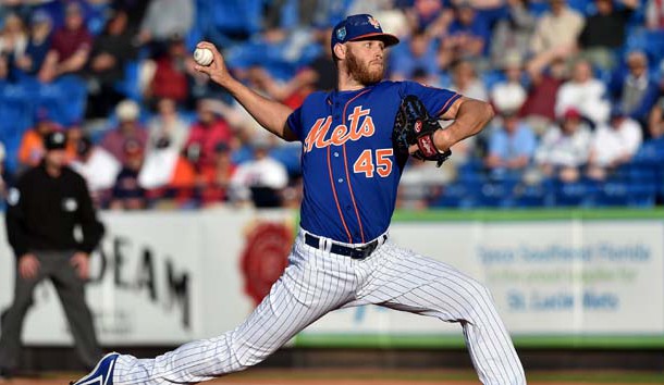 Mar 22, 2018; Port St. Lucie, FL, USA; New York Mets starting pitcher Zack Wheeler (45) delivers a pitch against the Washington Nationals during a spring training game at First Data Field. Photo Credit: Steve Mitchell-USA TODAY Sports
