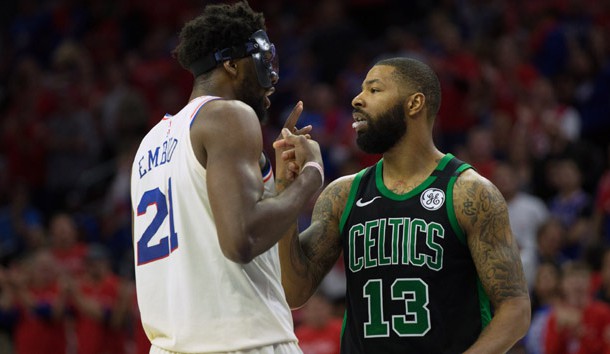 May 7, 2018; Philadelphia, PA, USA; Philadelphia 76ers center Joel Embiid (21) and Boston Celtics forward Marcus Morris (13) argue during the third quarter in game four of the second round of the 2018 NBA Playoffs at Wells Fargo Center. Photo Credit: Bill Streicher-USA TODAY Sports
