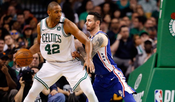 May 9, 2018; Boston, MA, USA; Boston Celtics forward Al Horford (42) drives against Philadelphia 76ers guard JJ Redick (17) during the second half in game five of the second round of the 2018 NBA Playoffs at the TD Garden. Photo Credit: Greg M. Cooper-USA TODAY Sports