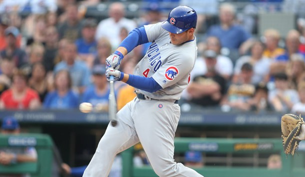May 29, 2018; Pittsburgh, PA, USA;  Chicago Cubs first baseman Anthony Rizzo (44) singles against the Pittsburgh Pirates during the first inning at PNC Park. Photo Credit: Charles LeClaire-USA TODAY Sports