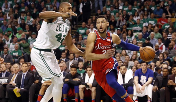 Apr 30, 2018; Boston, MA, USA; Philadelphia 76ers guard Ben Simmons (25) drives to the basket on Boston Celtics forward Al Horford (42) during the second quarter of game one of the second round of the 2018 NBA Playoffs at TD Garden. Photo Credit: Winslow Townson-USA TODAY Sports