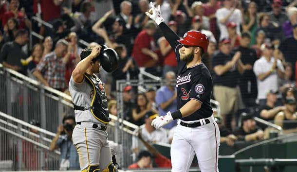 May 1, 2018; Washington, DC, USA; Washington Nationals right fielder Bryce Harper (34) gestures after hitting a three run homer against the Pittsburgh Pirates during the fifth inning at Nationals Park. Photo Credit: Brad Mills-USA TODAY Sports