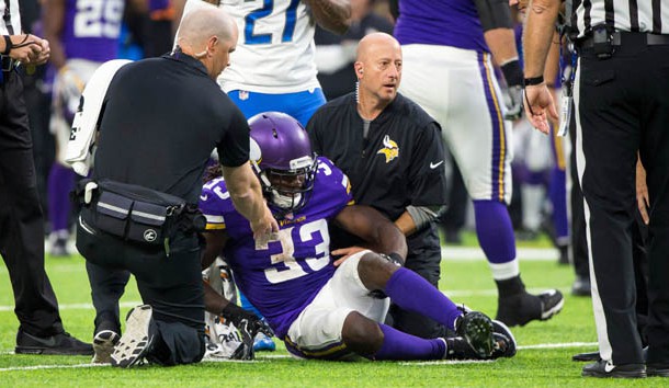 Oct 1, 2017; Minneapolis, MN, USA; Minnesota Vikings running back Dalvin Cook (33) holds his knee after being tackled in the third quarter against the Detroit Lions at U.S. Bank Stadium. Photo Credit: Brad Rempel-USA TODAY Sports