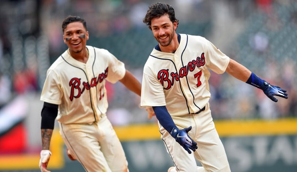 May 20, 2018; Atlanta, GA, USA; Atlanta Braves shortstop Dansby Swanson (7) reacts with third baseman Johan Camargo (17) after getting the game winning hit against the Miami Marlins during the ninth inning at SunTrust Park. Photo Credit: Dale Zanine-USA TODAY Sports