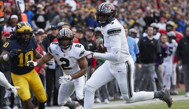 Nov 25, 2017; Ann Arbor, MI, USA; Ohio State Buckeyes quarterback Dwayne Haskins (7) rushes in the second half against the Michigan Wolverines at Michigan Stadium. Photo Credit: Rick Osentoski-USA TODAY Sports