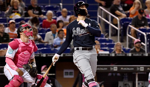May 13, 2018; Miami, FL, USA; Atlanta Braves center fielder Ender Inciarte (11) connects for a two run homer in the sixth inning against the Miami Marlins at Marlins Park. Photo Credit: Steve Mitchell-USA TODAY Sports