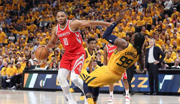May 6, 2018; Salt Lake City, UT, USA; Houston Rockets guard Eric Gordon (10) commits an offensive foul on Utah Jazz forward Jae Crowder (99) during the second quarter in game four of the second round of the 2018 NBA Playoffs at Vivint Smart Home Arena. Photo Credit: Chris Nicoll-USA TODAY Sports