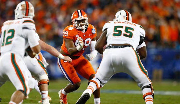 Dec 2, 2017; Charlotte, NC, USA; Clemson Tigers defensive end Clelin Ferrell (99) rushes against Miami Hurricanes offensive lineman Navaughn Donaldson (55) in the second quarter in the ACC championship game at Bank of America Stadium. Photo Credit: Jeremy Brevard-USA TODAY Sports