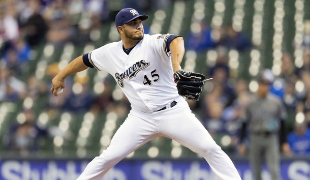May 22, 2018; Milwaukee, WI, USA; Milwaukee Brewers pitcher Jhoulys Chacin (45) throws a pitch during the first inning against the Arizona Diamondbacks at Miller Park. Photo Credit: Jeff Hanisch-USA TODAY Sports