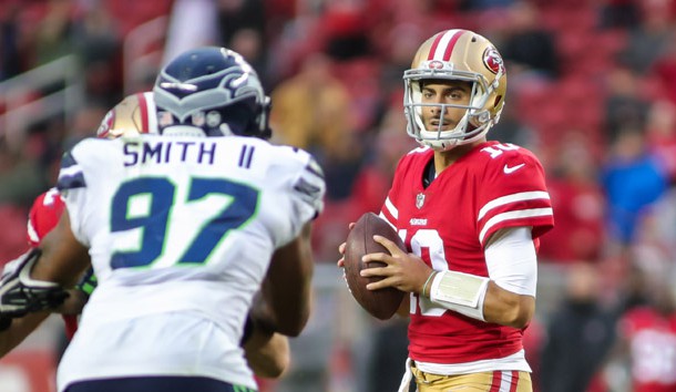 Nov 26, 2017; Santa Clara, CA, USA; San Francisco 49ers quarterback Jimmy Garoppolo (10) drops back to pass during the fourth quarter against the Seattle Seahawks at Levi's Stadium. Photo Credit: Sergio Estrada-USA TODAY Sports