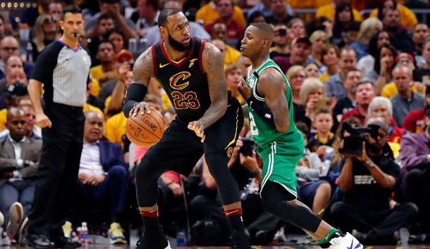 May 19, 2018; Cleveland, OH, USA; Cleveland Cavaliers forward LeBron James (23) drives against Boston Celtics guard Terry Rozier (12) in game three of the Eastern conference finals of the 2018 NBA Playoffs at Quicken Loans Arena. Photo Credit: Rick Osentoski-USA TODAY Sports