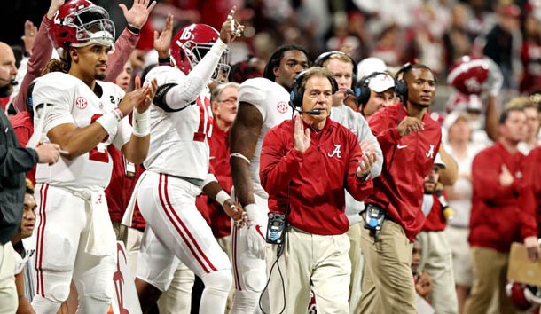 Jan 8, 2018; Atlanta, GA, USA; Alabama Crimson Tide head coach Nick Saban reacts during the third quarter against the Georgia Bulldogs in the 2018 CFP national championship college football game at Mercedes-Benz Stadium. Photo Credit: Jason Getz-USA TODAY Sports