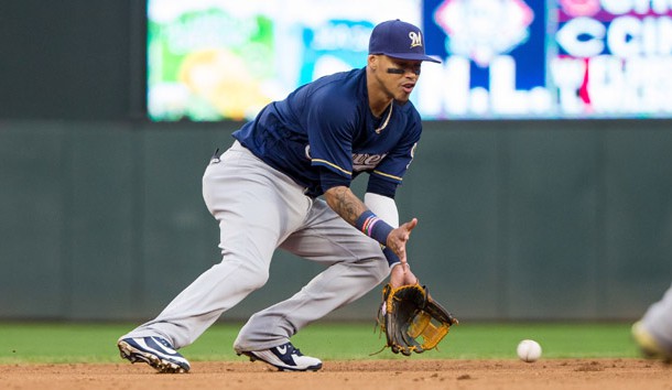 May 19, 2018; Minneapolis, MN, USA; Milwaukee Brewers shortstop Orlando Arcia (3) fields a ground ball in the fifth inning against Minnesota Twins  at Target Field. Photo Credit: Brad Rempel-USA TODAY Sports