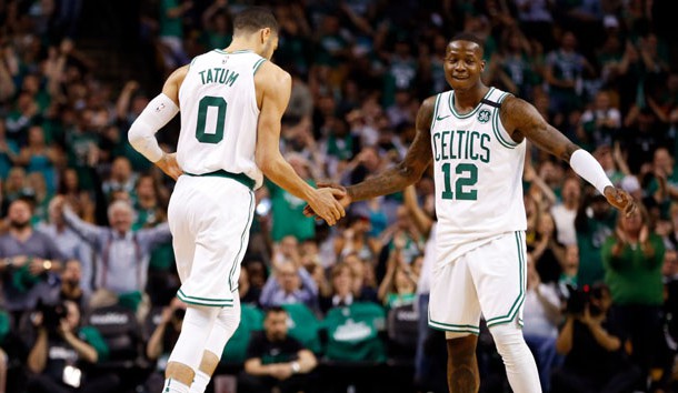 May 23, 2018; Boston, MA, USA; Boston Celtics forward Jayson Tatum (0) and Boston Celtics guard Terry Rozier (12) high-five after a score during the third quarter against the Cleveland Cavaliers in game five of the Eastern conference finals of the 2018 NBA Playoffs at TD Garden. Photo Credit: Greg M. Cooper-USA TODAY Sports