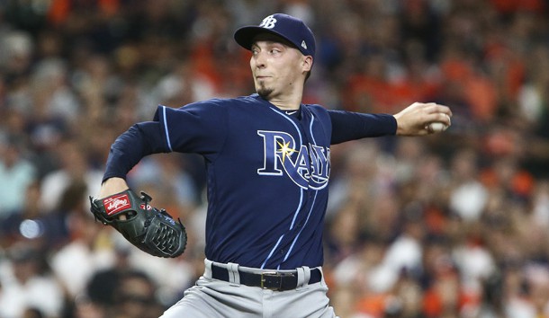Jun 19, 2018; Houston, TX, USA; Tampa Bay Rays starting pitcher Blake Snell (4) delivers a pitch during the third inning against the Houston Astros at Minute Maid Park. Mandatory Credit: Troy Taormina-USA TODAY Sports