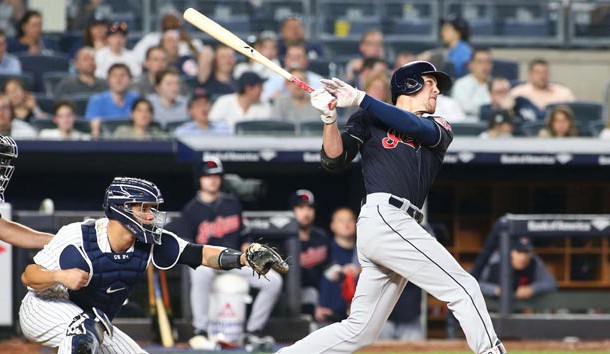 May 4, 2018; Bronx, NY, USA; Cleveland Indians center fielder Bradley Zimmer (4) hits a three run home run against the New York Yankees during the eighth inning at Yankee Stadium. Photo Credit: Andy Marlin-USA TODAY Sports