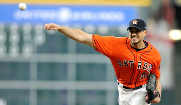 May 18, 2018; Houston, TX, USA; Houston Astros starting pitcher Charlie Morton (50) delivers a pitch against the Cleveland Indians during the first inning at Minute Maid Park. Photo Credit: Erik Williams-USA TODAY Sports